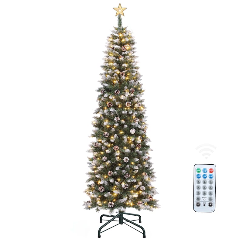 6/7.5 FT Flocked & Frosted Slim Prelit Artificial Hinged Xmas Tree