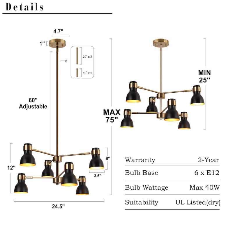 Modern 6-Light Black Gold Chandelier Industrial Metal Pendant Lights for Dining Room - 24.5" D x 12" H