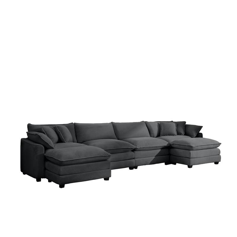 Modern Fabric 4 Seater Modular Sofa Set - Soft Upholstered U-Shape Corduroy Couch with 2 Ottomans for Living Room