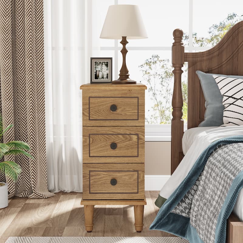 Fully Assembled Narrow End Table, Solid Wood Side Table with 3 Drawers, Vintage Nightstand Slim Bedside Table for Small Spaces