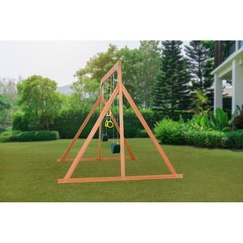 Trailside Wooden Swing Set with 2 Swings & Trapeze - 7 Color Options - Multicolor