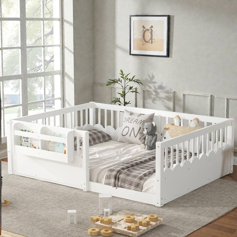 Twin Floor Bed with Heightened Fence and Bookshelf, Wooden Montessori Floor Bed for Kids, Low Profile Design - White - Full
