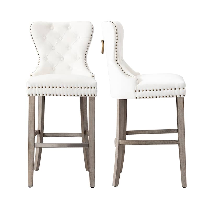 Carter 29" Wingback Tufted Nailhead Bar Stool (Set of 2), Antique Grey Legs