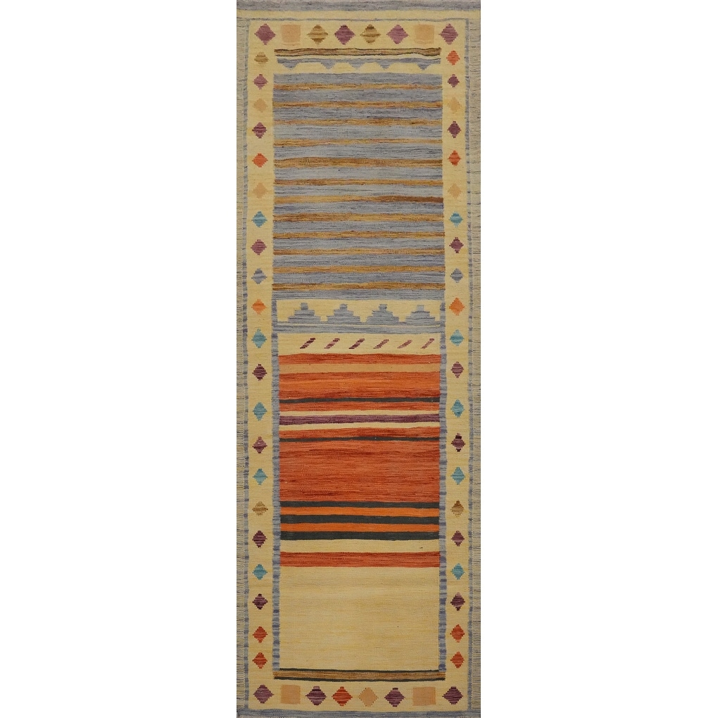 Hand Woven Oriental 100% Wool Carpet Southwestern Tribal Multi-Colored Kilim Runner Rug - 9' 9'' X 2' 8''