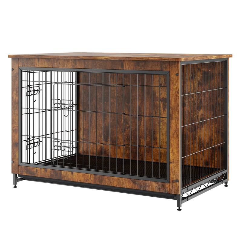 Dog Crate Furniture, Wooden Dog Crate with Double Doors, Heavy-Duty Dog Cage End Table with Multi-Purpose Removable Tray - 38 inch