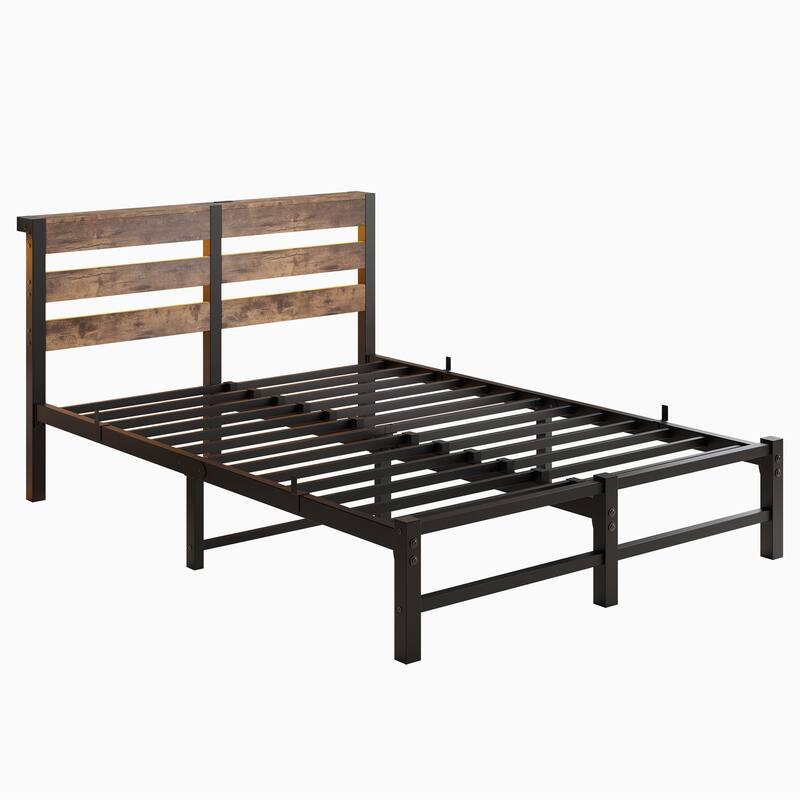 Modern Metal Bed with Wooden Headboard, RGB Lights & Storage Shelf