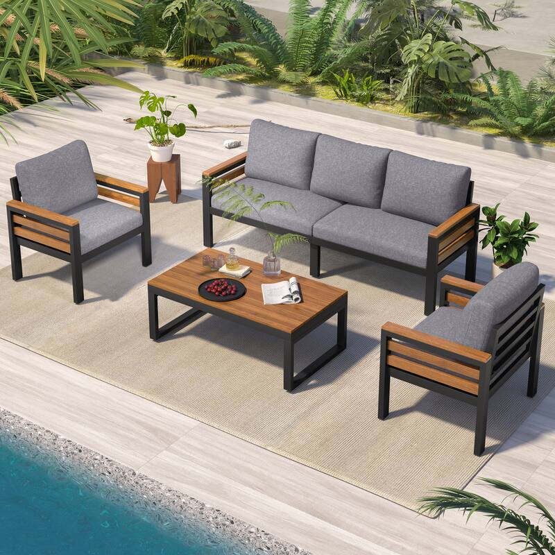 4-Piece Outdoor Sofa Set with Acacia Wood Armrests & Coffee Table, for 5 People - Grey
