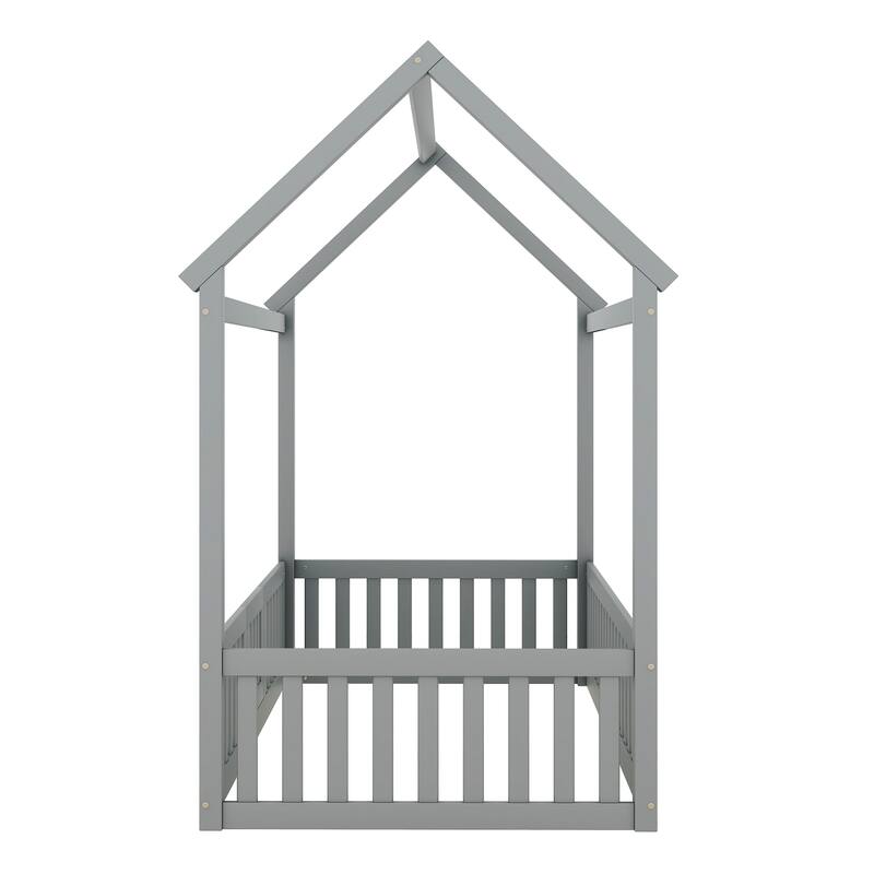 Twin Size Gray Wooden House Bed with Fence and Door for Kids