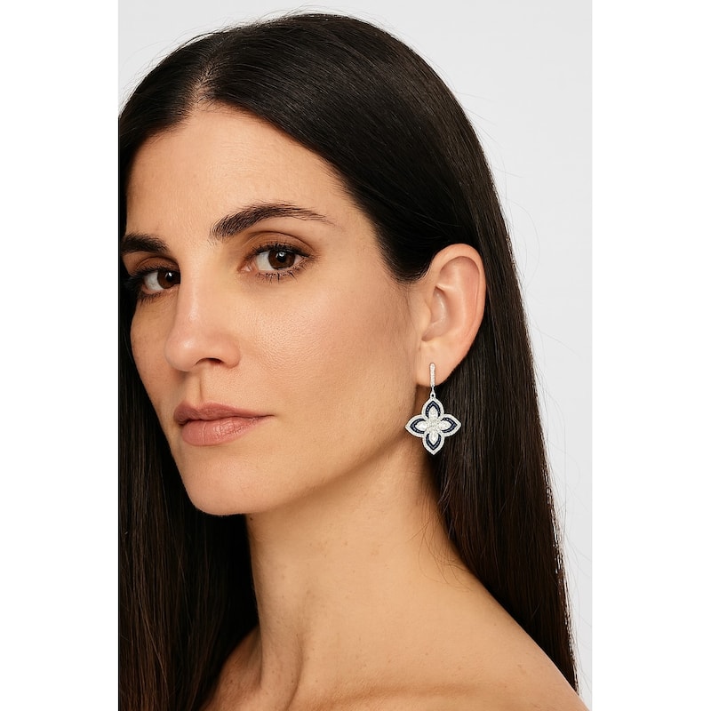 Rhodium Flower Enamel and CZ Drop Earring - 1.25" Long