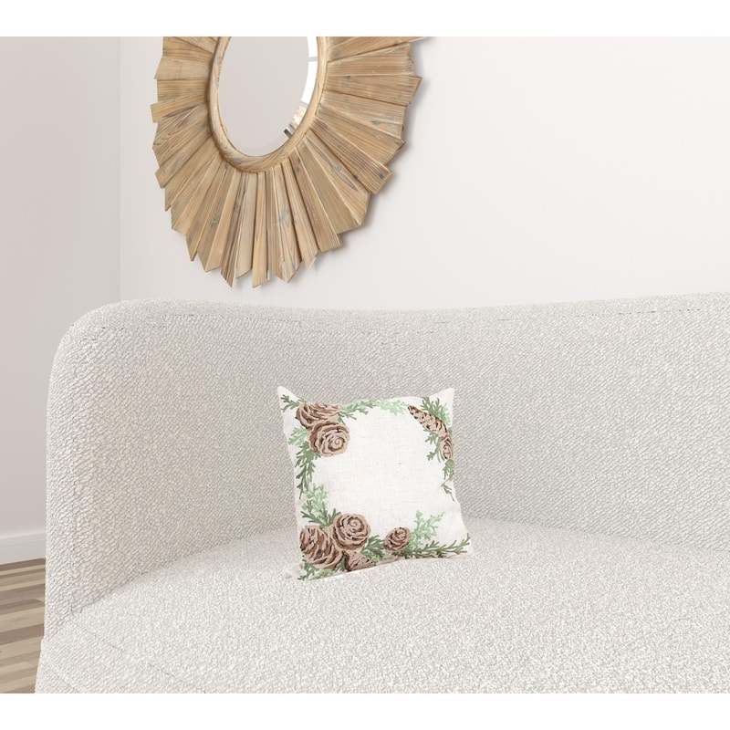 14" X 14" Gray Brown and Green Christmas Floral Linen Blend Zippered Pillow