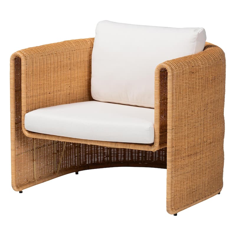 Carina Natural Rattan Armchair with Cushion - Handwoven Lounge Chair with U-Shaped Silhouette and Deep Seating - Light Honey