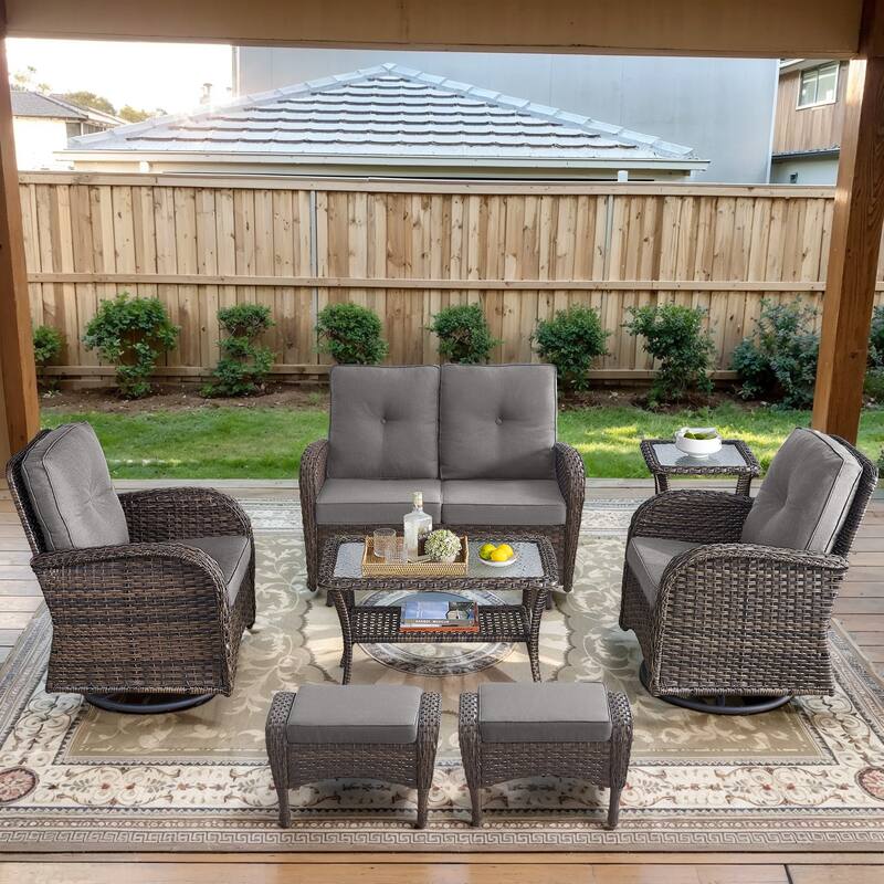 Gymojoy Outdoor Wicker Patio Furniture Loveseat Glider & Chair Set - Loveseat Set - included Swivel Chairs - Brown Wicker / Grey Cusion