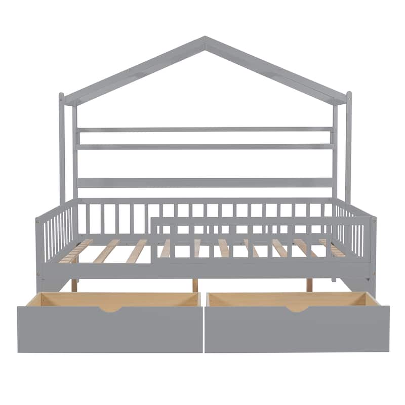 Full Pine House Bed with Roof, Drawers, and Shelf