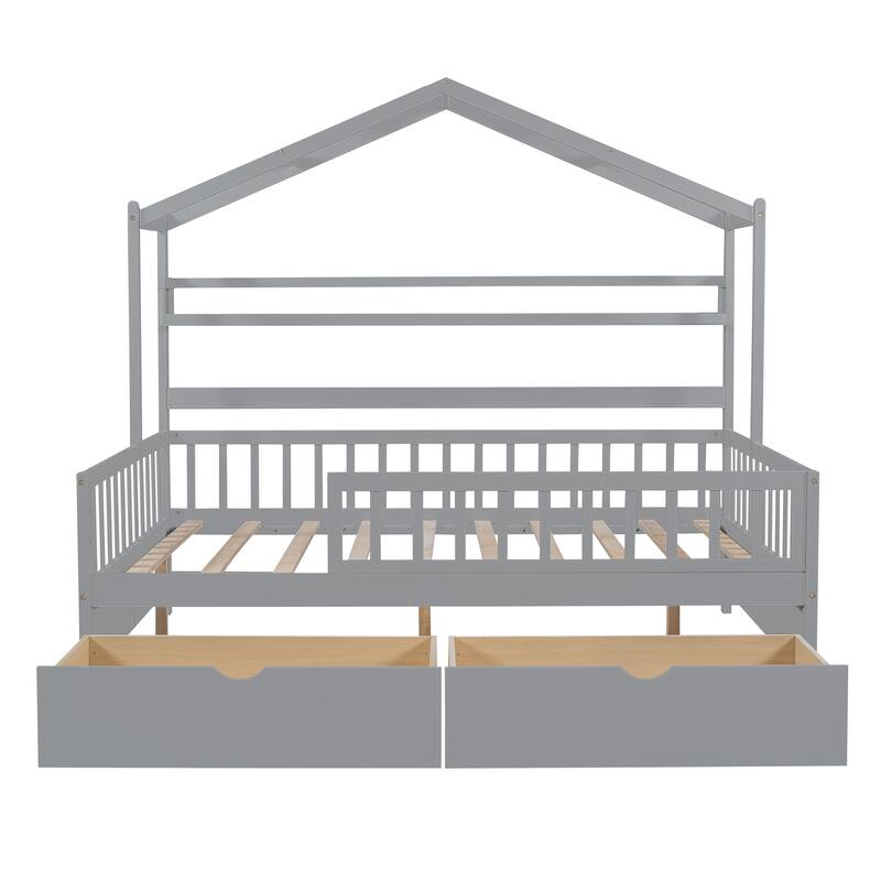 Pine House Bed with Roof, Drawers, and Shelf