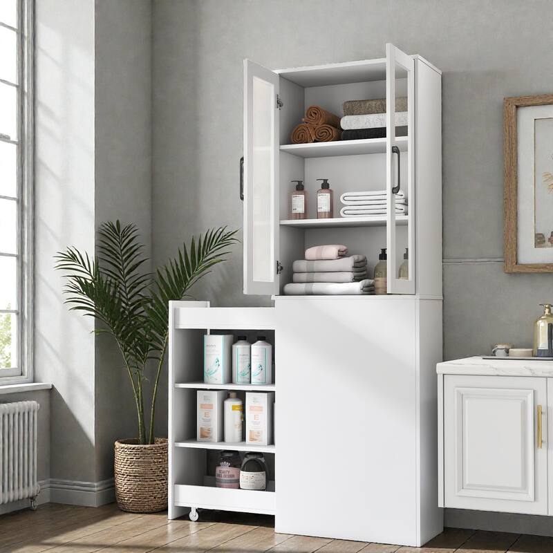 70.87" Tall Display Storage Cabinet with 4-Tier Pull-Out Shelf & Glass Doors, Modern Wooden Kitchen Pantry for Home