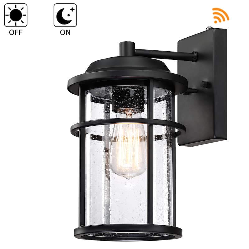 2 Pack 1-Light Black Outdoor Dusk to Dawn Light Cylinder Seeded Glass Shade