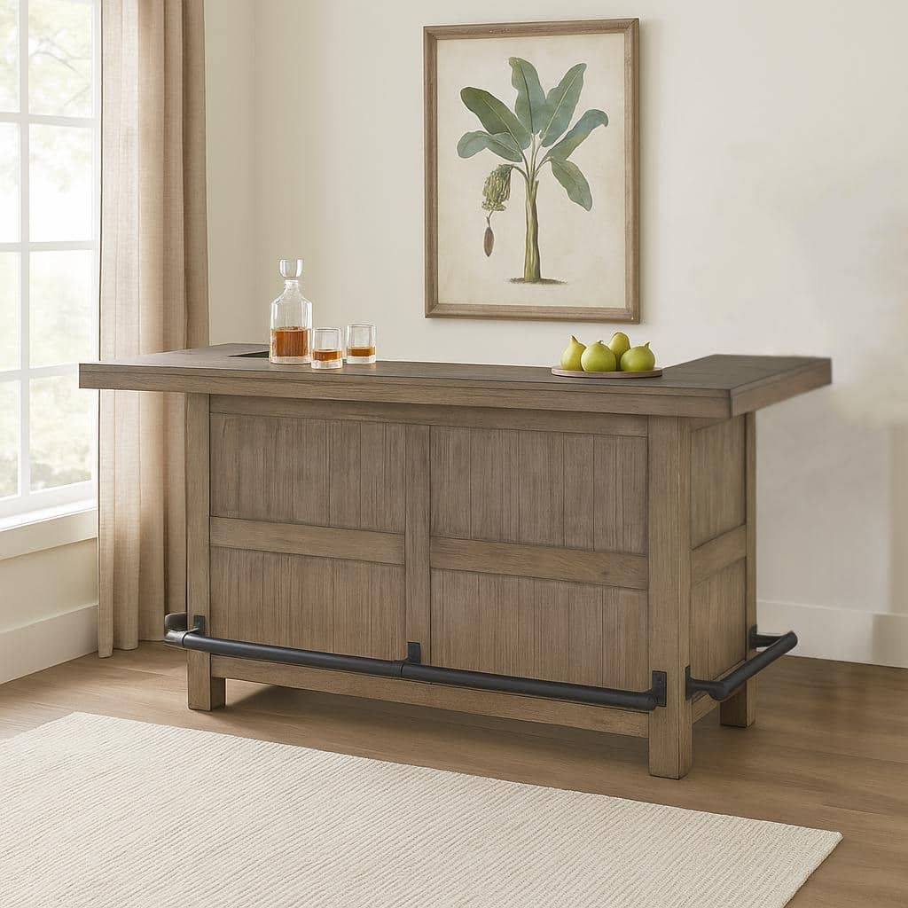 Yael Bar Cabinet Table, Shelves, Pull Out Tray, 80 Inch, Taupe Brown