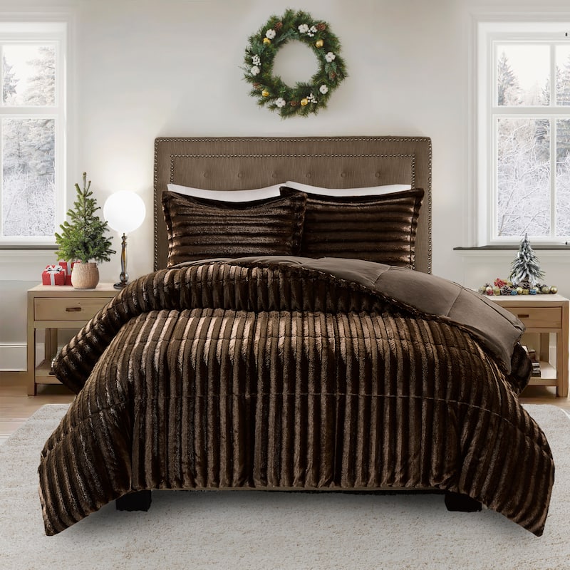 Madison Park York Faux Fur Comforter Mini Set - Chocolate - Queen
