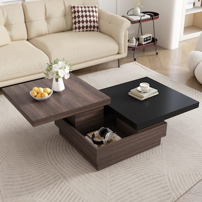 Two-Tone Coffee Table with Swivel Tabletop, Wood Square Side Table with Hidden Storage for Living Room Office