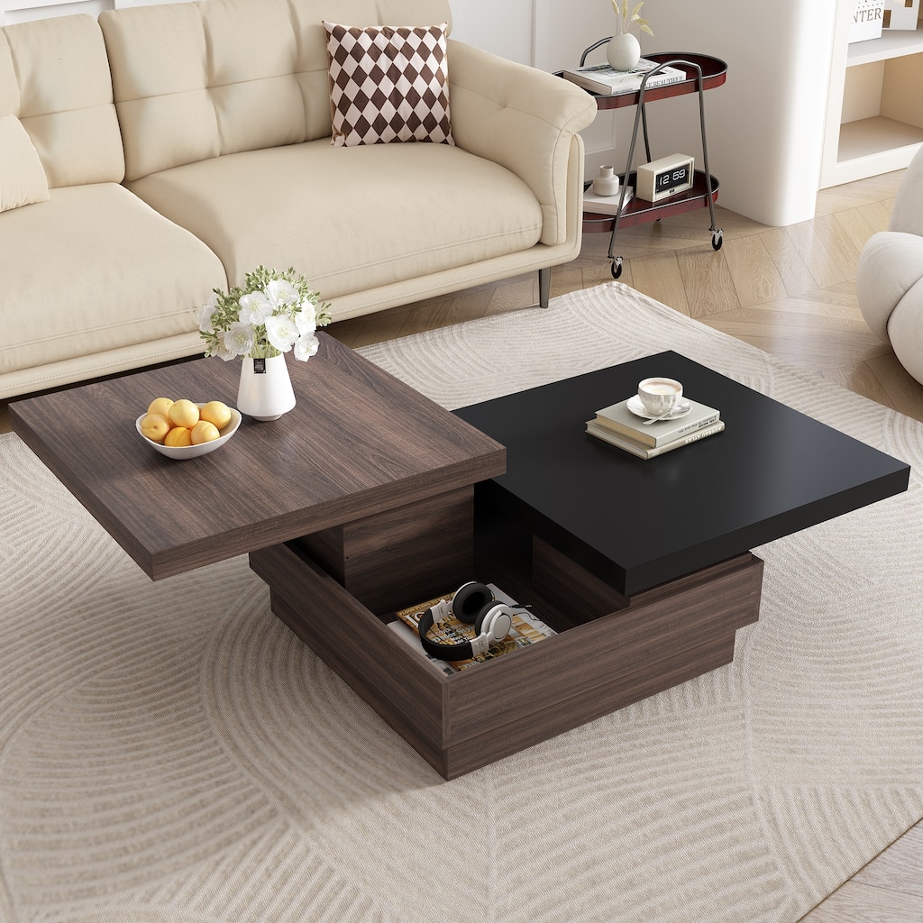 Two-Tone Coffee Table with Swivel Tabletop, Wood Square Side Table with Hidden Storage for Living Room Office