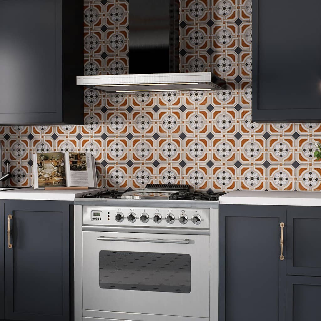 Merola Tile Vaudeville Octagon Deco Zimer with Taco Antracita 7-7/8" x 7-7/8" Porcelain Floor and Wall Tile