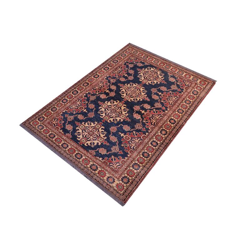 Tribal Super Kazak Xander Blue/Tan Hand Knotted Wool Rug - 4'8'' x 6'1''