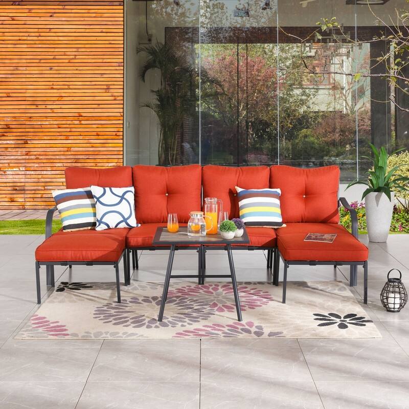 Patio Festival Curve-Arm 7-Piece Outdoor Conversation Set with Red Cushions