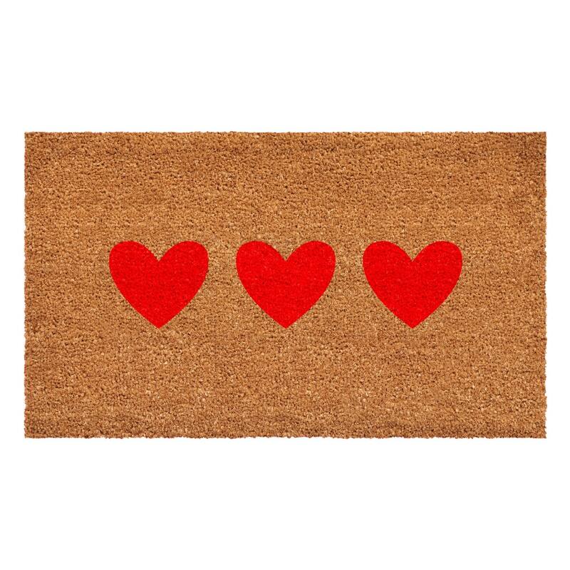 HomeRoots 12" X 24" Brown And Red Three Hearts Outdoor Coir Door Mat - 12.00' X '24.00