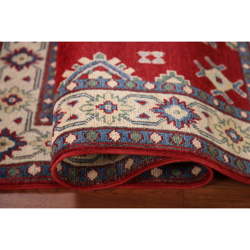 Geometric Red Kazak Oriental Accent Rug Handmade Wool Carpet - 3'3"x 4'6"