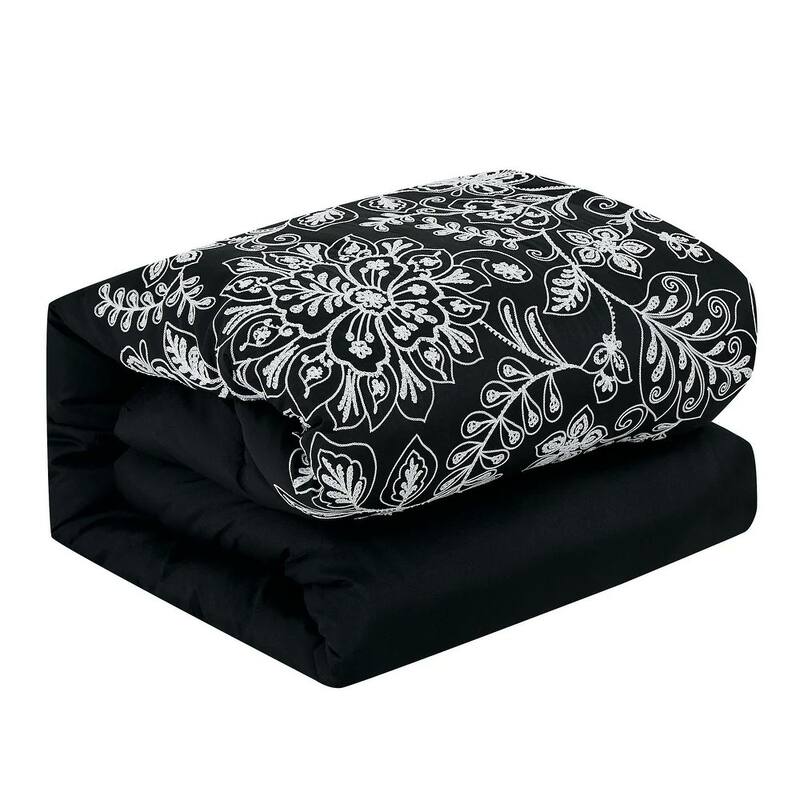 7 Piece Black Floral Comforter Set Embroidery Soft Bedding