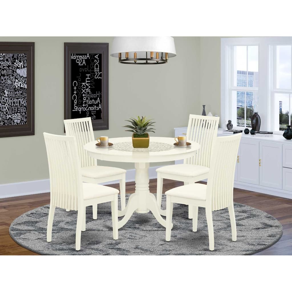 HomeStock 5-Piece Round Linen White Finish Solid Wood Top Dining table with 4 Chairs with Lattice Back