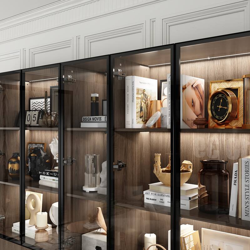 LED-Lit Wood Grain Cabinet - Configurable Storage for Home or Office
