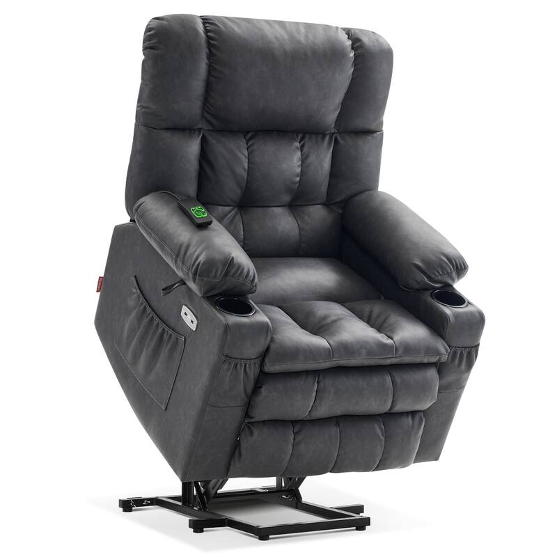 MCombo Medium Dual Motor Power Lift Recliner Chair Infinite Position, Massage and Heat, Extended Footrest, Faux Leather 7890 - Grey