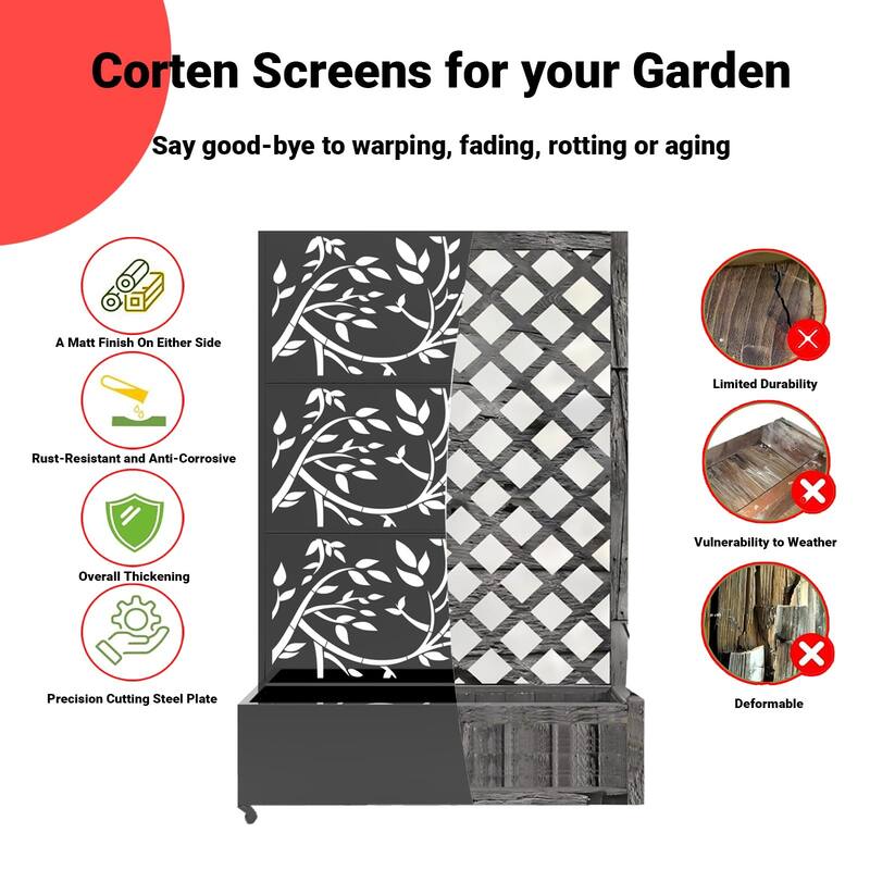 Metal Privacy Screen with Wheels – Galvanized Steel Garden Trellis & Planter Box for Climbing Plants/Vines