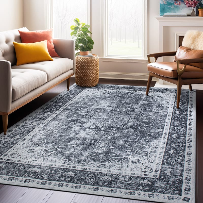Traditional Distressed Medallion Machine Washable Area Rug - 7' 7" x 9' 6" - Runner/Rectangle