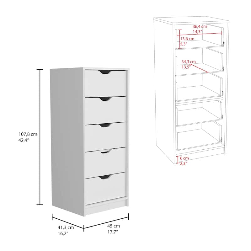 Basilea Narrow Dresser with 5 Drawers, White