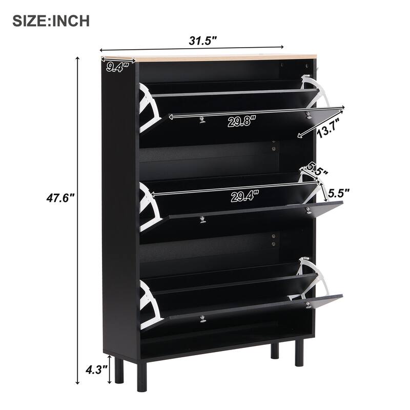 Freestanding Shoe Rack Cabinet with 3 Flip Drawers, Adjustable Shelves and Wood Grain Top for Entryway Hallway Organization