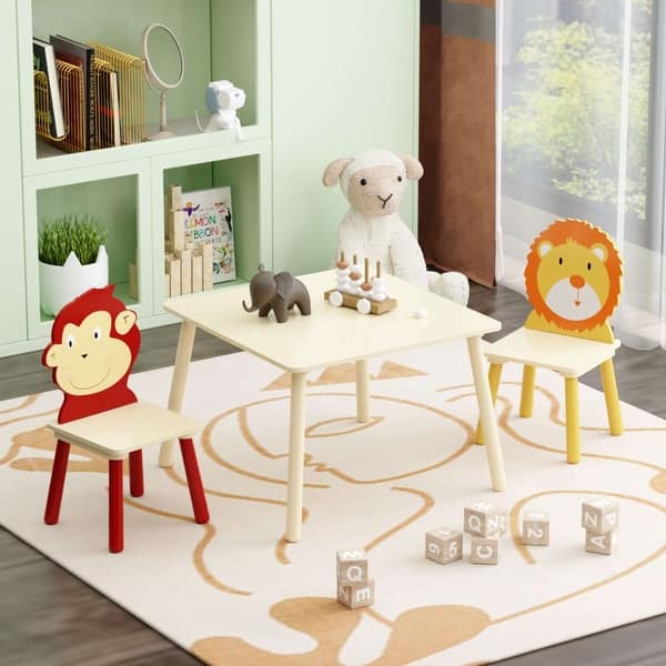slide 2 of 18, Kids Table and 2 Chairs Set, 3 Pieces Toddler Table and Chair Set, Wooden Activity Play Table Set (Lion&Monkey) Natural