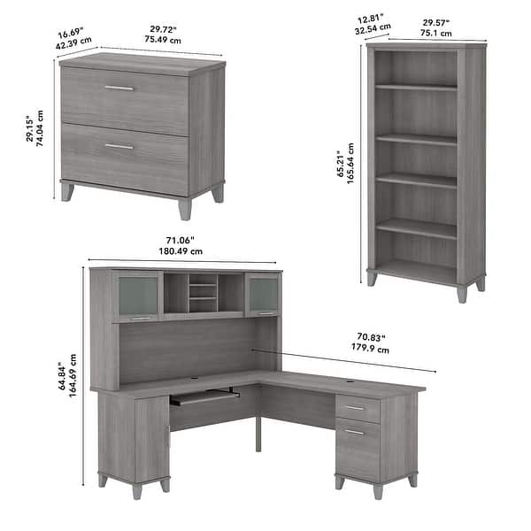 dimension image slide 3 of 9, Somerset 72W L Shaped Desk with Hutch, Cabinet and Bookcase in Gray