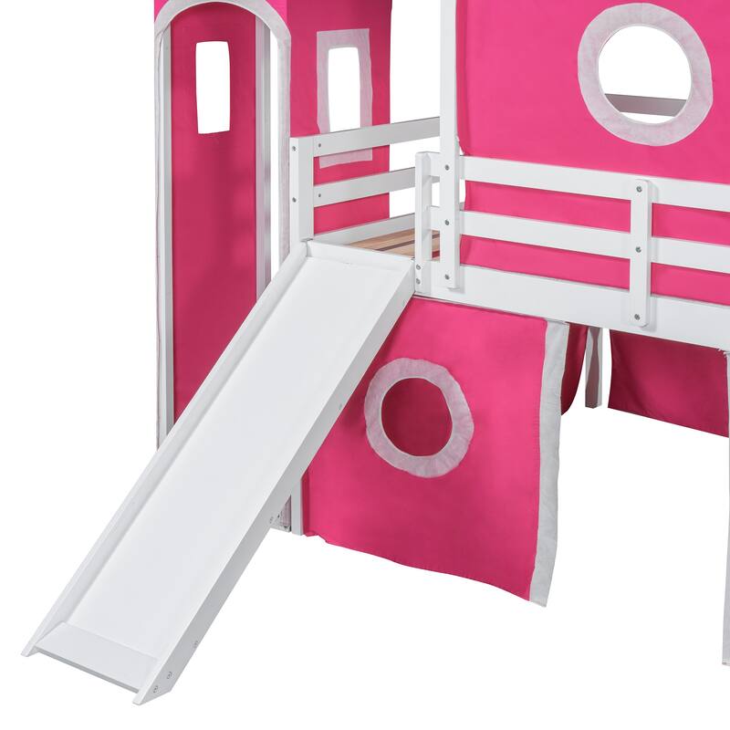 Roomfitters Full Size Loft Bed with Slide, Pink Tent and Decorative Tower, Playful Sleeping Platform, Pink