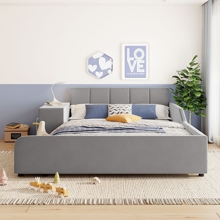 Full Size Upholstered Mother & Child Platform Bed w/ Bedside Desk & Little Round Stool