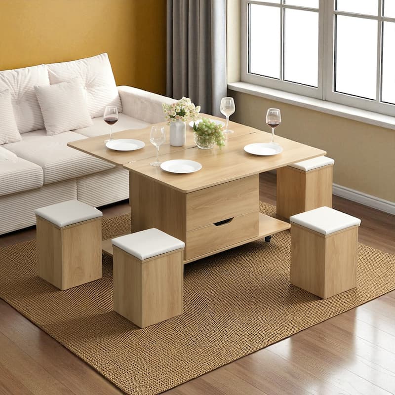 Multi-Functional Lift-Top Coffee Table with Hidden Storage, 4 Stools & Casters, Modern Center Table for Small Spaces