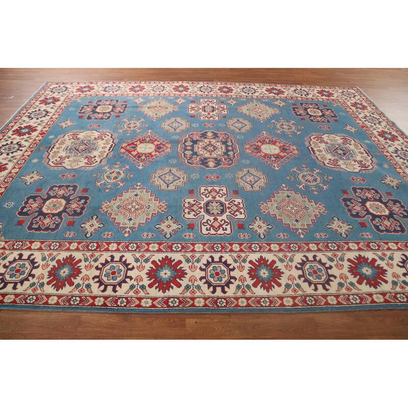 Light Blue Kazak Oriental Area Rug Hand-Knotted Geometric Wool Carpet - 8'4"x 11'2"