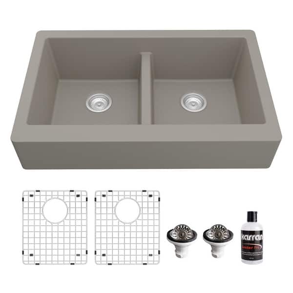 slide 10 of 77, Karran Retrofit Farmhouse Quartz 34 in. Double Bowl 50/50 Sink Kit Concrete