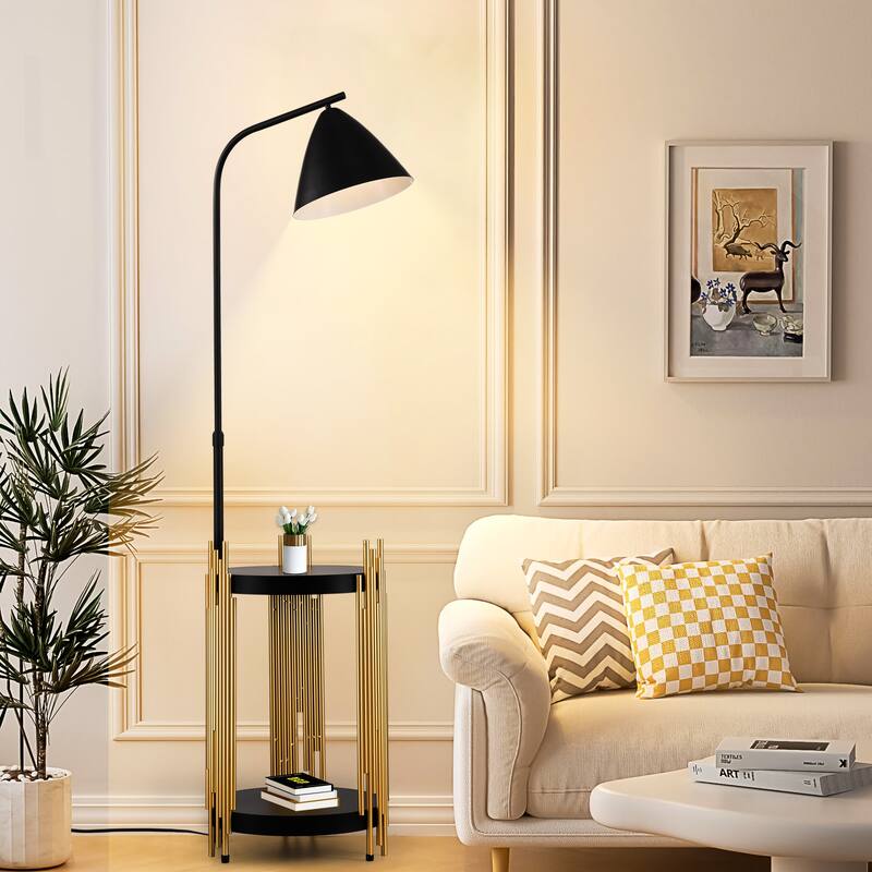 Industrial Tall Floor Lamp with Shelves and Metal Lampshade - Black