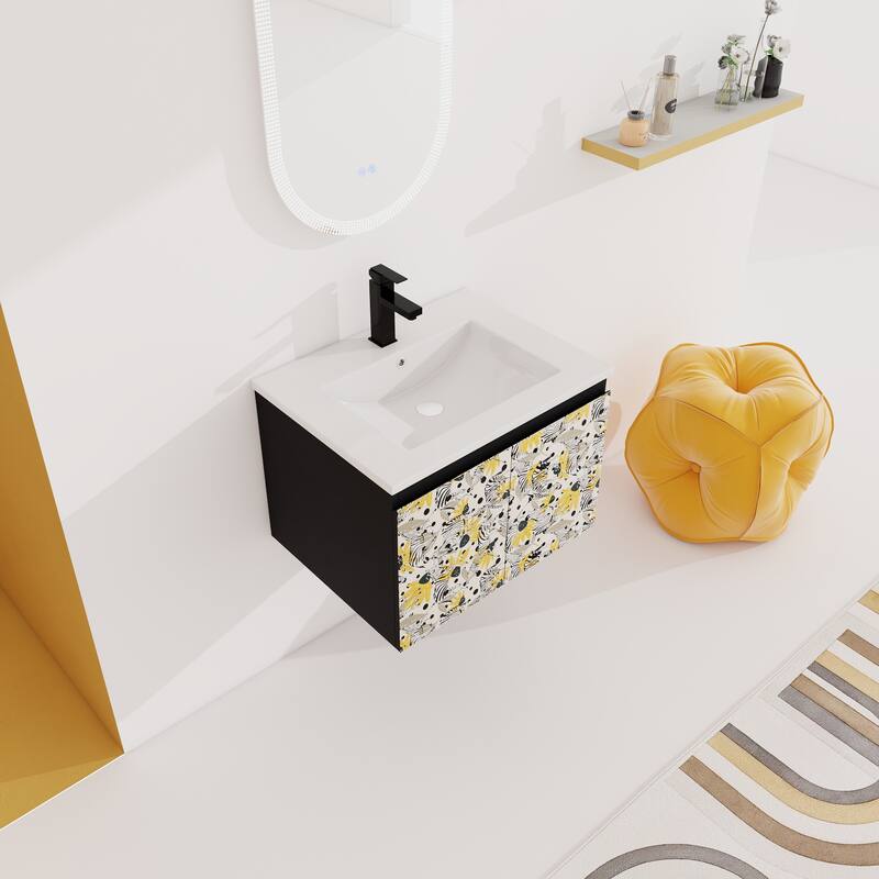 24" Floating Wall-Mounted Bathroom Vanity with Soft-Close Doors, Ceramic Sink, Eco-Friendly Plywood Base