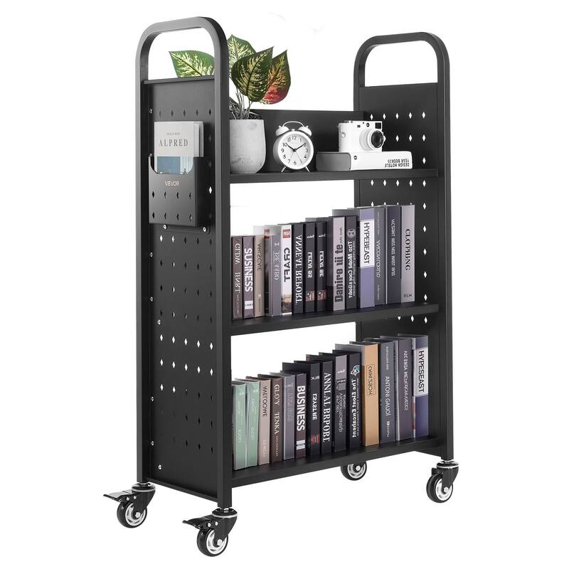 Black 3-Tier Rolling Book Cart with Locking Casters and Large Capacity - 30.3 x 15 x 48.0 in