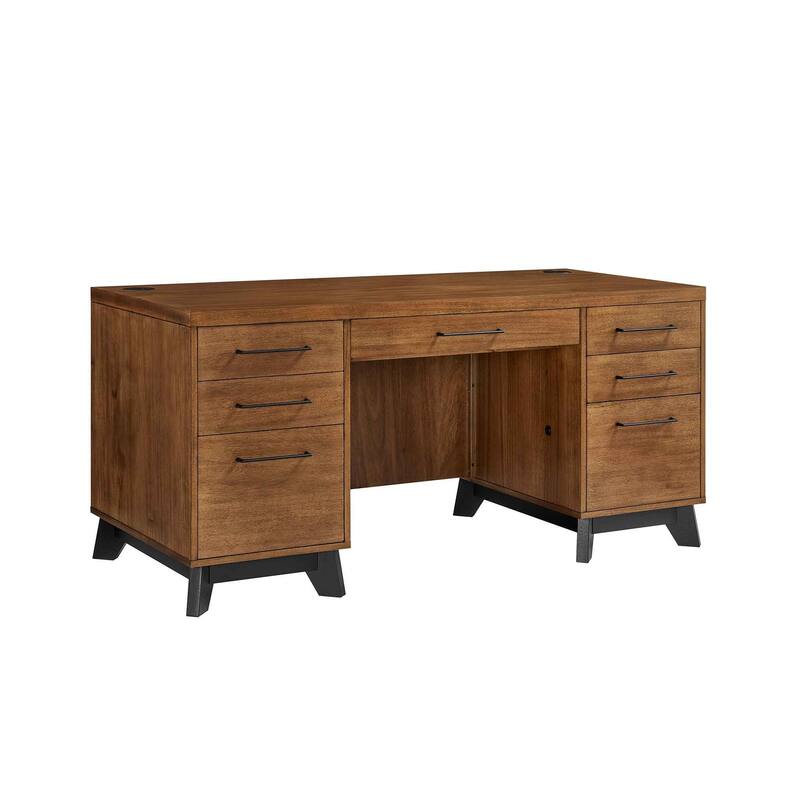 Modern Wood Double Pedestal Executive Desk, Writing Table, Office Desk, Fully Assembled, Rich Medium Brown - Brown