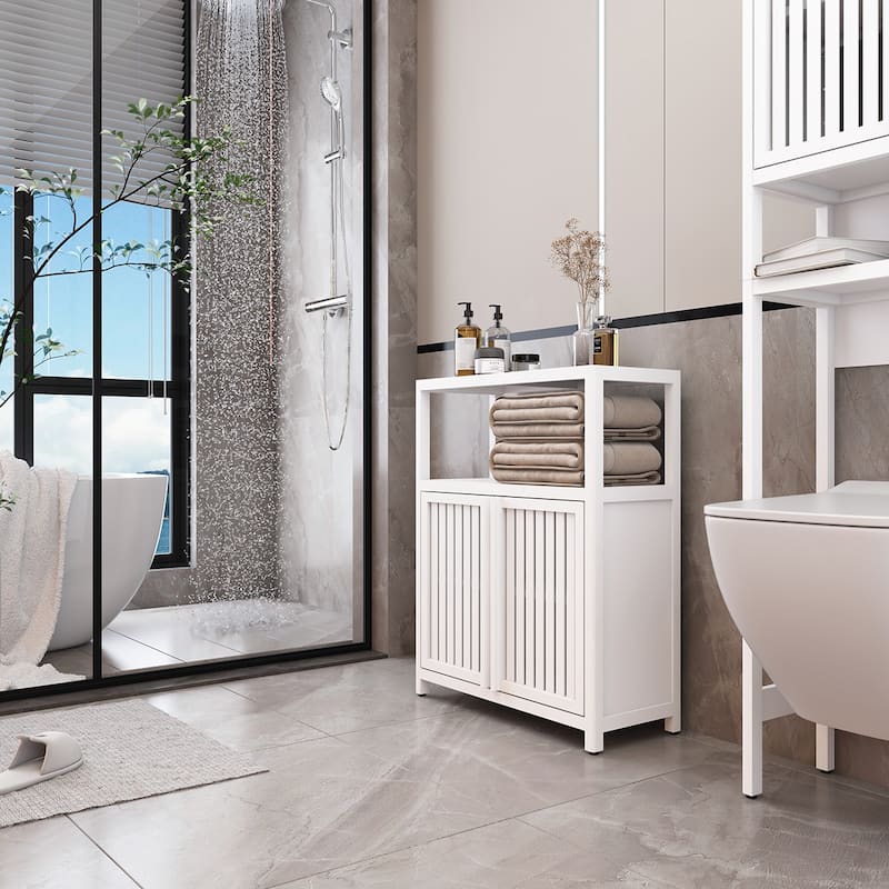 Bamboo Storage Cabinet With Shelves - White