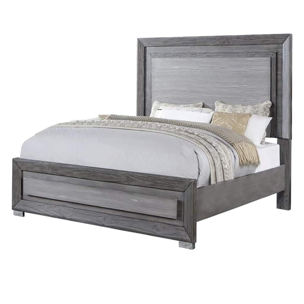Reno Queen Bed with LED Headboard and Metal Bracket Legs, Gray Wood